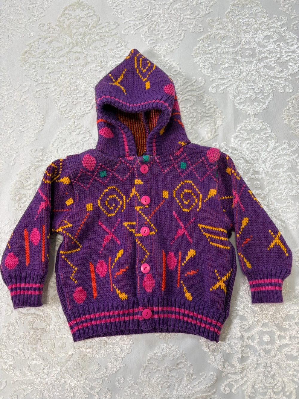 Vintage 80s 90s Honors Knit Hooded Cardigan Sweater 12M Purple Abstract